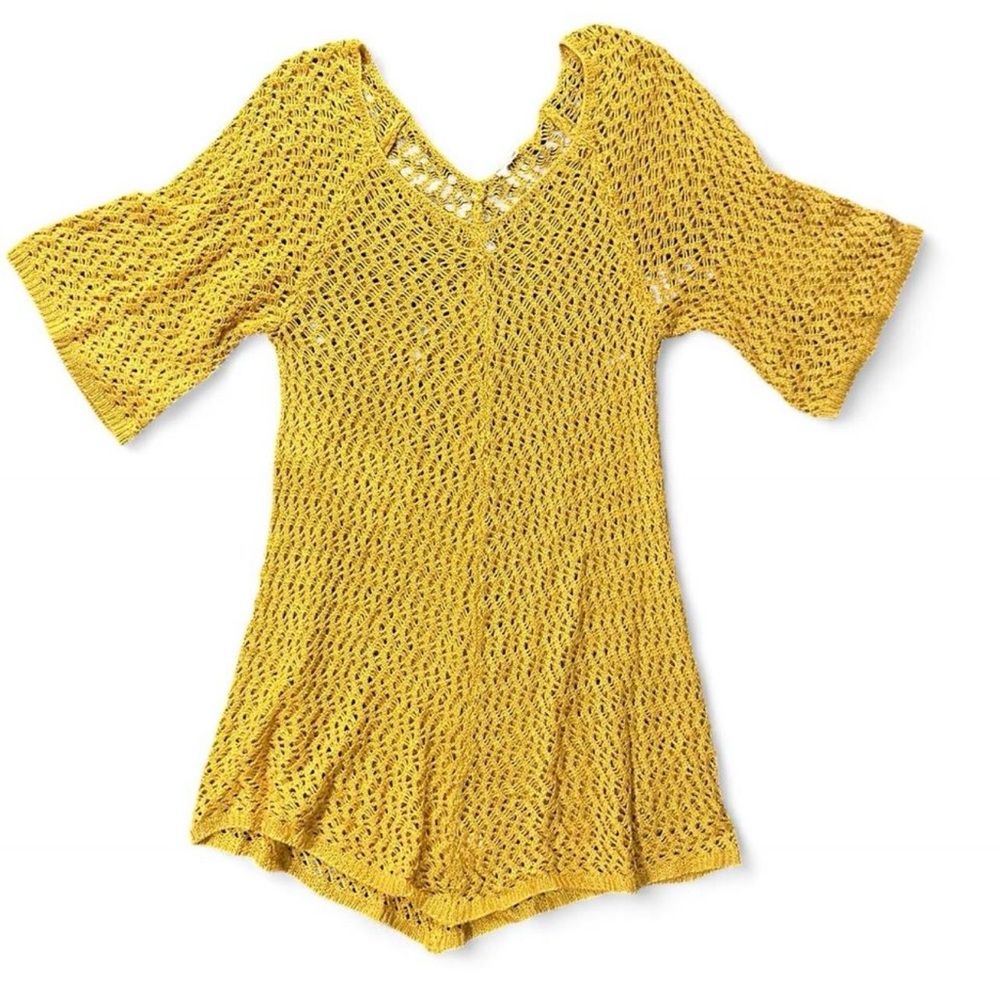 Yellow Crochet Mini Dress - Lightweight Short Sleeve Coverup